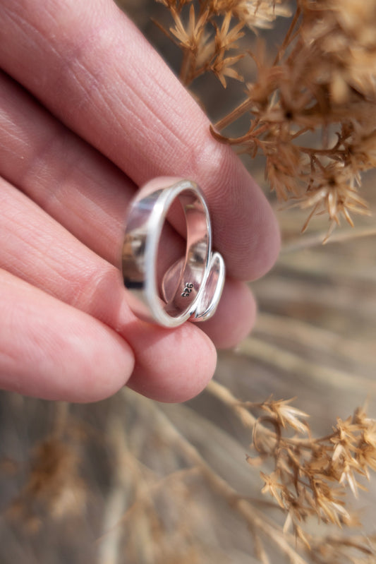 Silver ring held between fingers with a blurred natural background