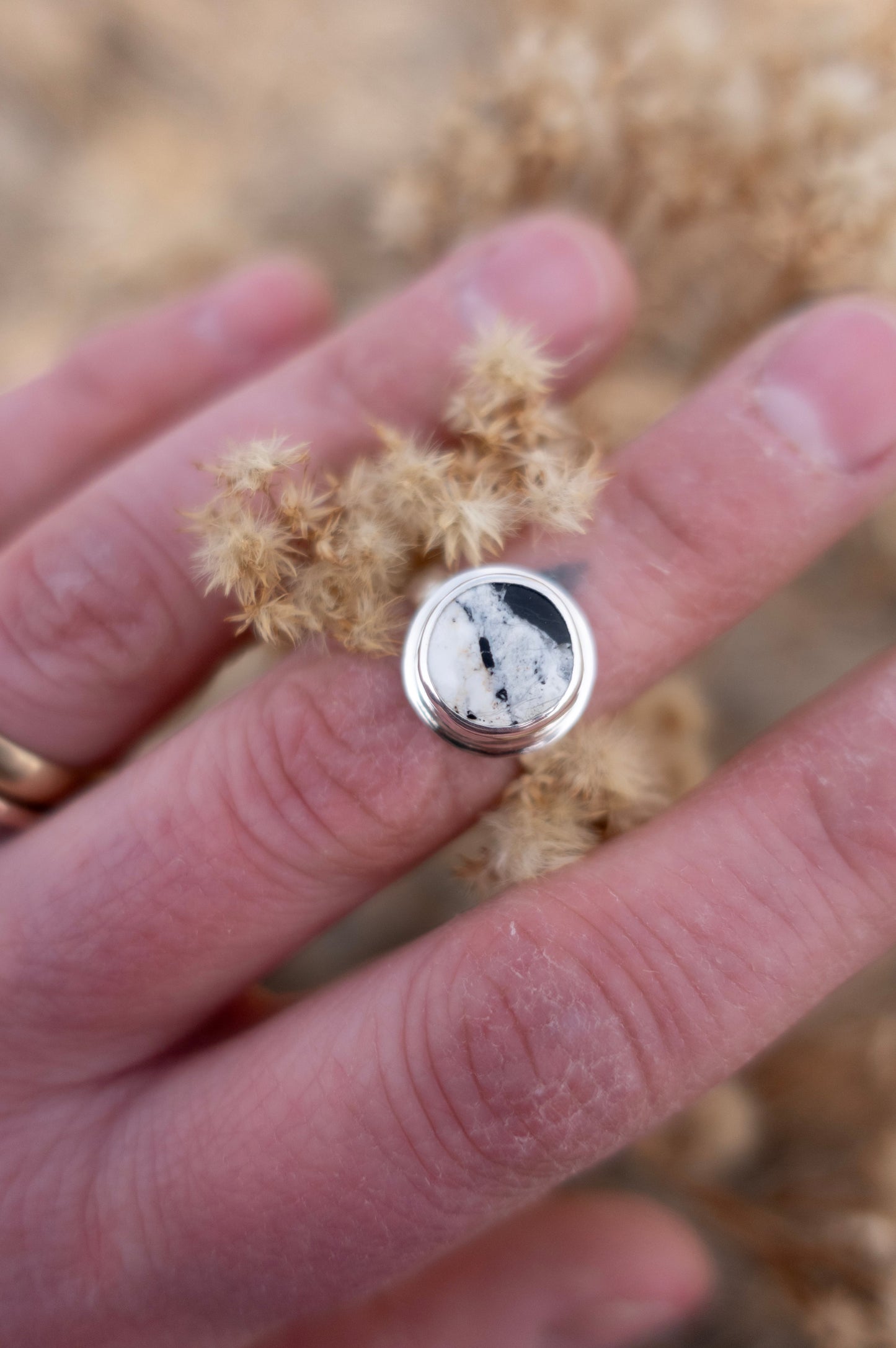 Round White Buffalo size 6 Sterling Silver Ring