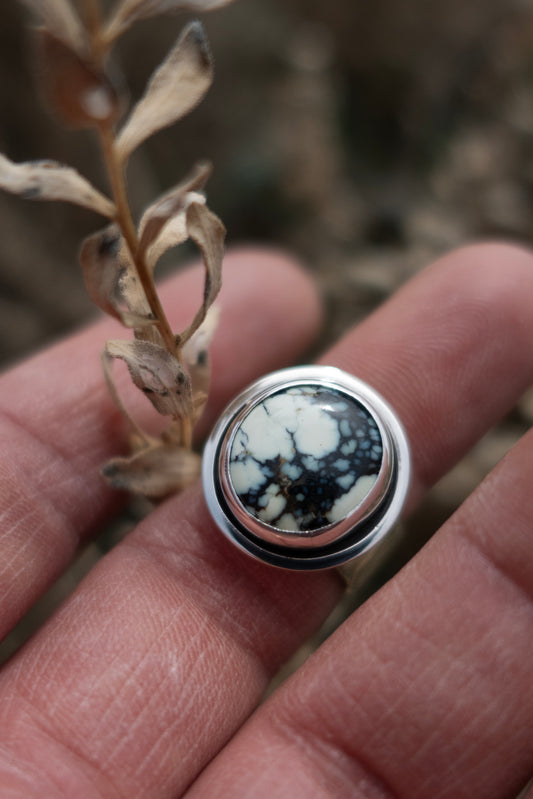 A sterling silver ring with a round Variscite stone in the center, held between fingers with a dry plant in the background.