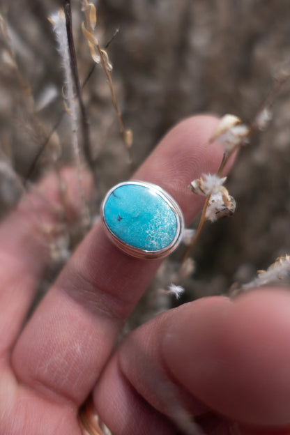 An oval-shaped robins egg blue turquoise ring with a silver half round band, held between fingers against a natural background.