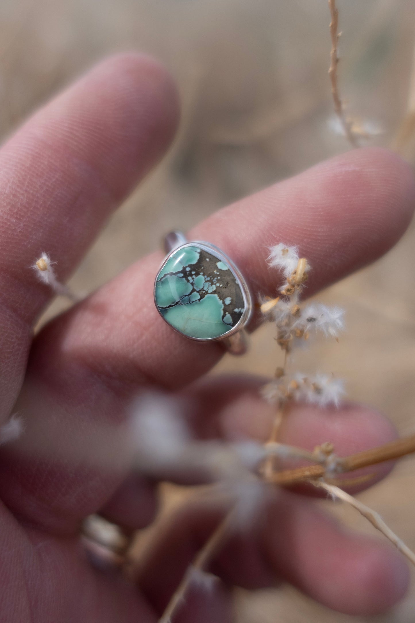 Earthy Damele Turquoise Half Round Handmade Ring size 7